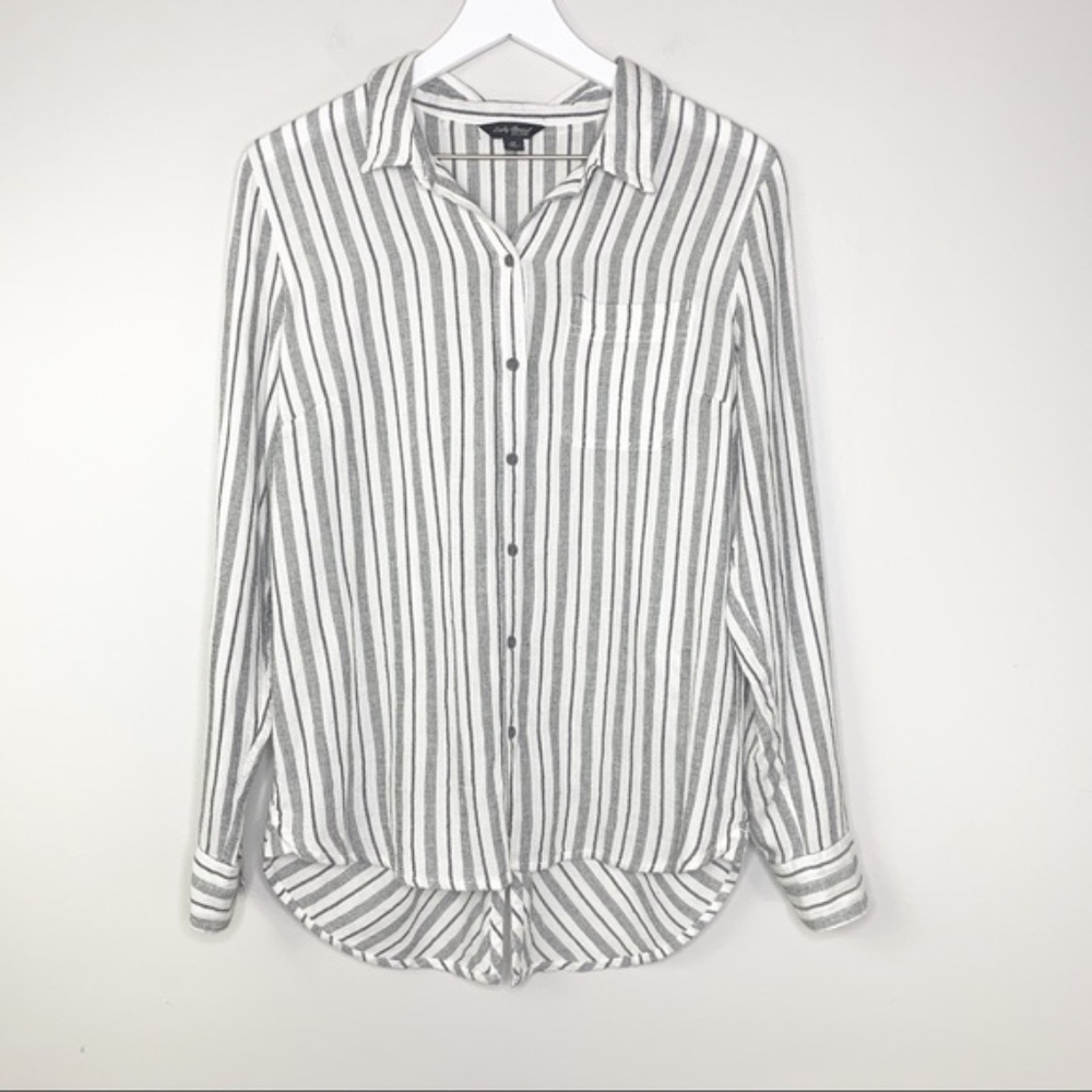 LUCKY BRAND White & Gray Striped Long Sleeve Top
